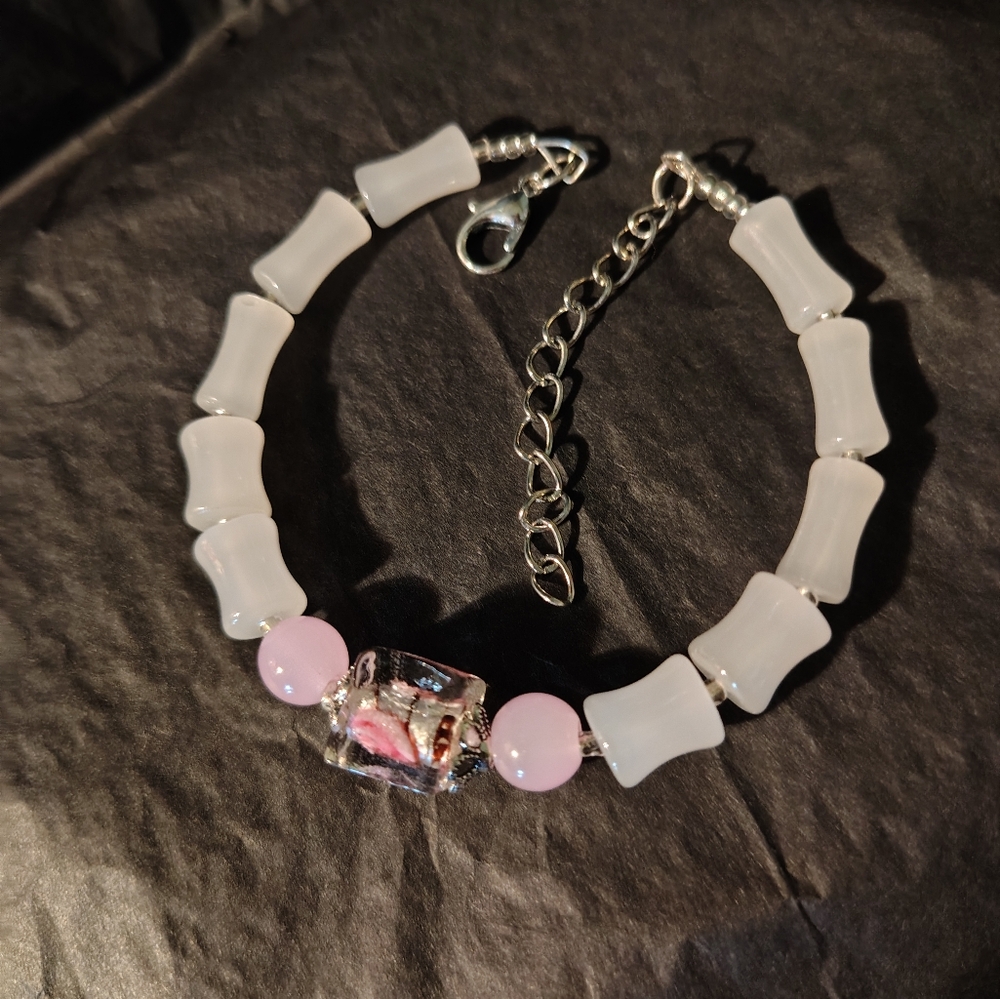Handmade Pink and White Beaded Bracelet With A Square Rose Focal